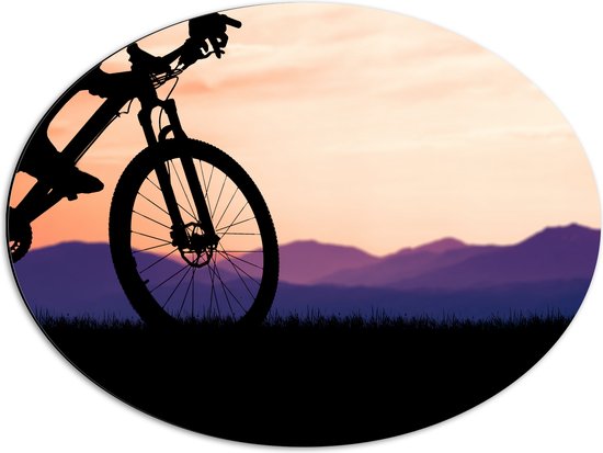 Dibond Ovaal - Silhouet van Persoon op Mountainbike Fietsend door Berggebied - 68x51 cm Foto op Ovaal (Met Ophangsysteem)