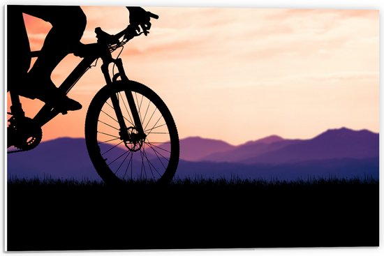 PVC Schuimplaat - Silhouet van Persoon op Mountainbike Fietsend door Berggebied - 60x40 cm Foto op PVC Schuimplaat (Met Ophangsysteem)