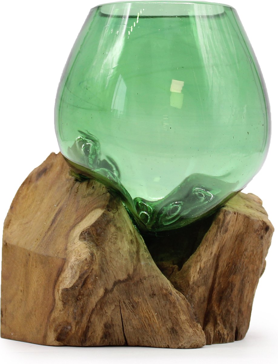 Gesmolten Glas op Hout - Kleine Groene Kom op Hout van Gerecycled Bierflessen