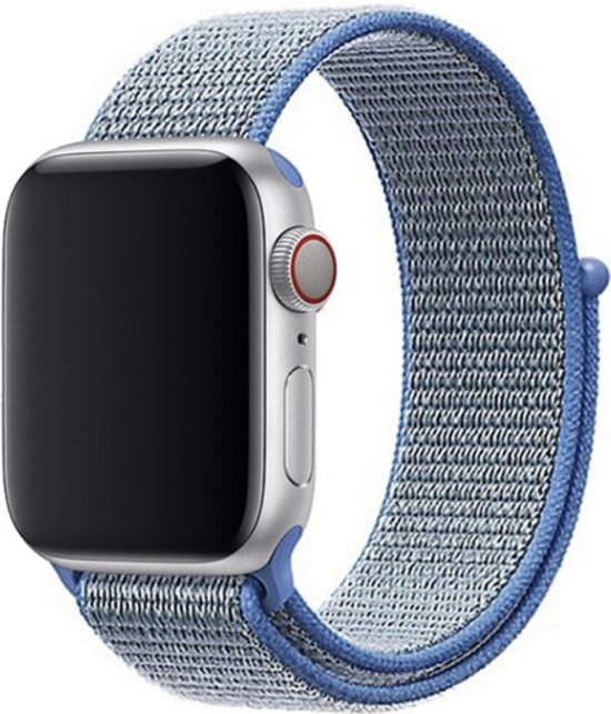 Montre Apple argentée avec bracelet de sport bleu clair en nylon auto-agrippant respirant, 42/44/45 mm.