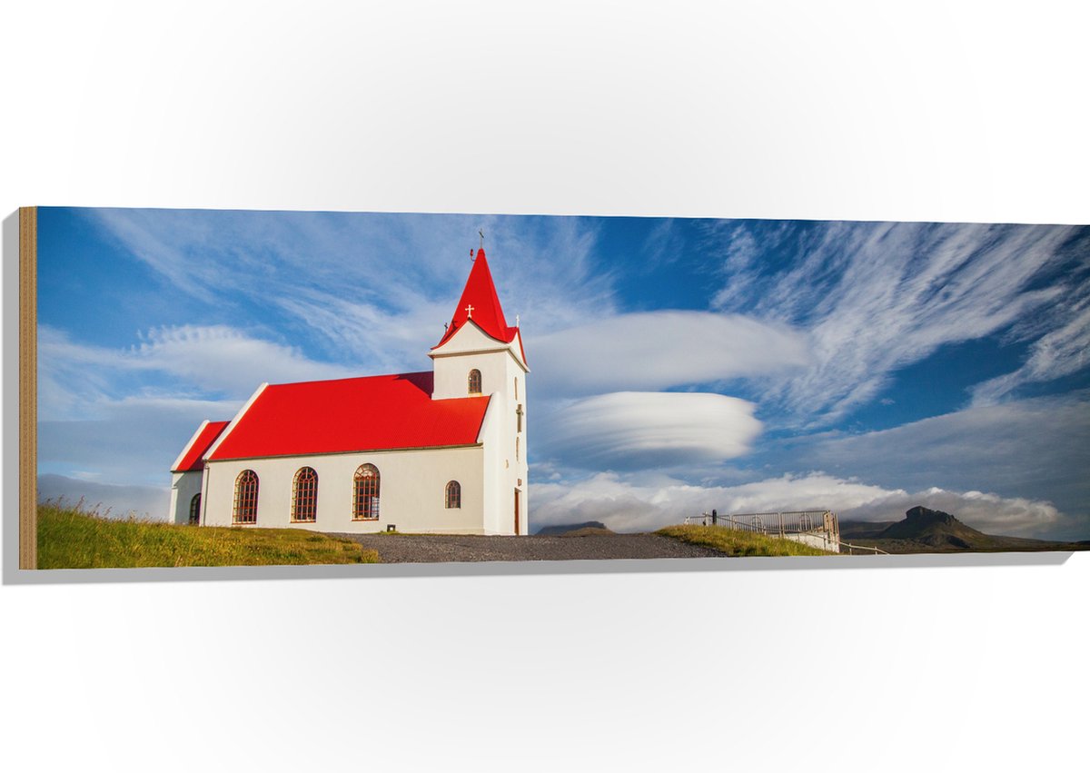 Hout - Rood met Wit Kapelletje onder Sluierbewolking - 120x40 cm - 9 mm dik - Foto op Hout (Met Ophangsysteem)