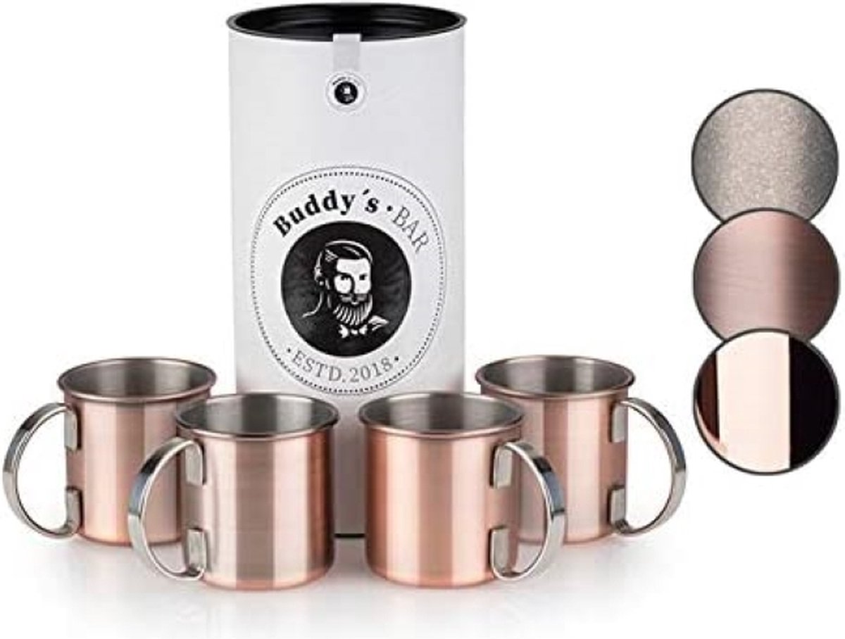 Buddy's Bar Moscow Mule Bekers - Cocktailglazen - Set van 4 Koperen Bekers - RVS met Aniek Koperen Coating - Met Geschenkverpakking - 450 ml