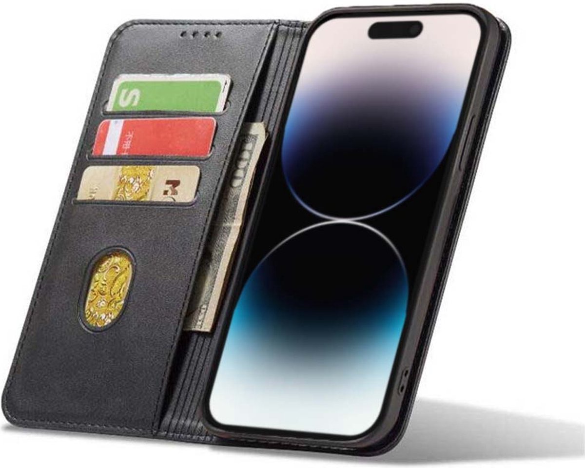 Smartphonica iPhone 14 Pro kunstleren hoesje met magnetische sluiting en pashouders book case - Zwart geschikt voor iPhone 14 Pro