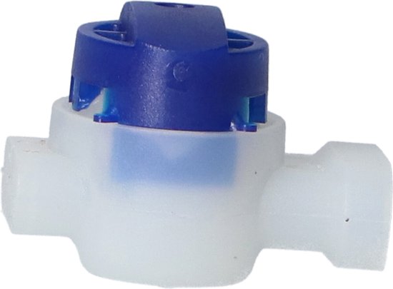 Een witte gel connector met een blauwe, gevormde dop. De connector heeft twee uitgangen aan de zijkant.