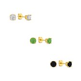 Silventi 9SIL-SET0042 Zilveren Zirkonia Oorknoppen Set 4mm Wit Groen Zwart Earparty - Zilver - Verguld/Goud op Zilver