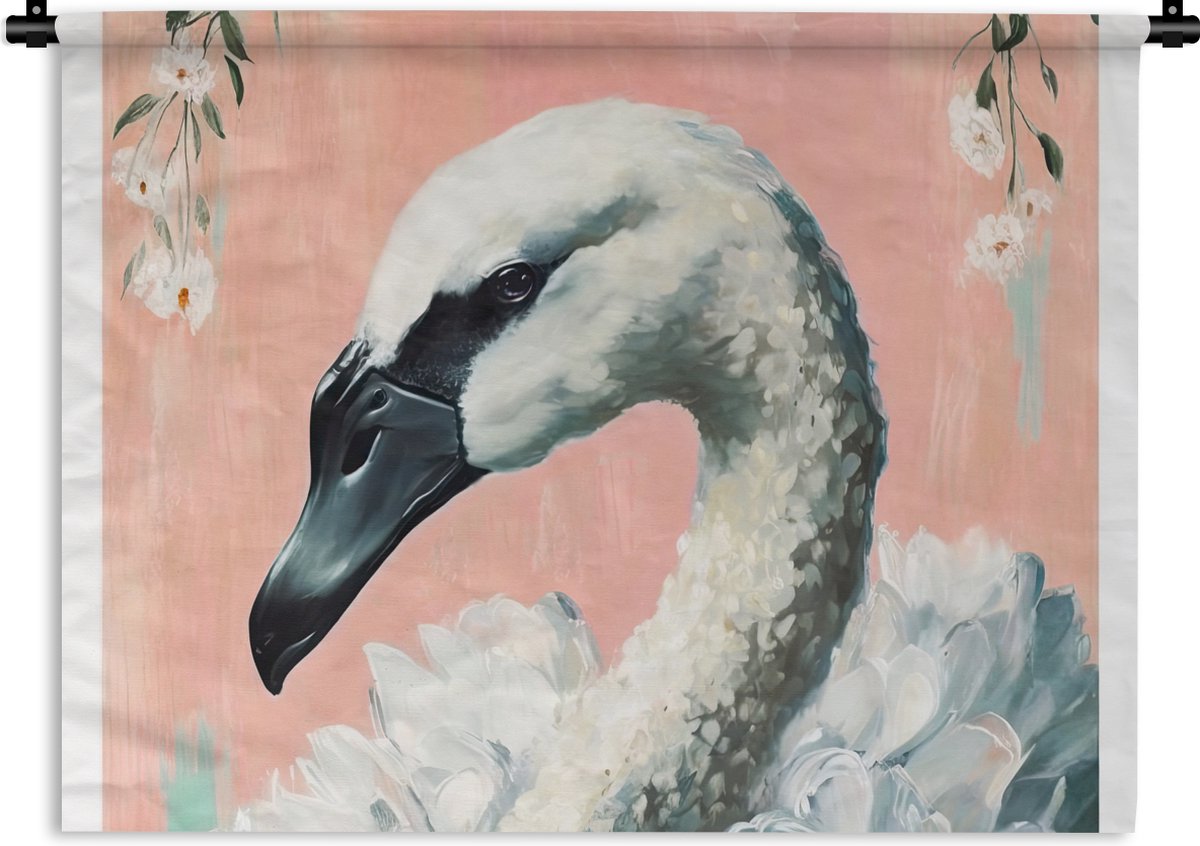 Wandkleed - Wanddoek - Zwaan - Dieren - Bloemen - Pastel - Wit - 150x112 cm - Wandtapijt