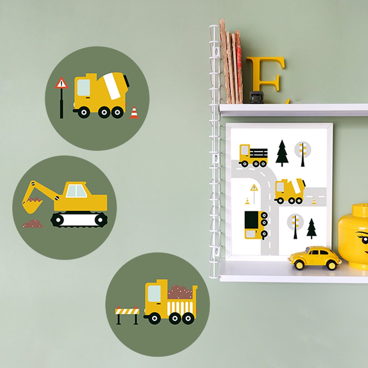 Muurcirkel set On the Road olijf groen 3x 30cm - muursticker - voertuigen - graafmachine - vrachtwagen - cementmolen - groen - kinderkamer - jongenskamer - muurdecoratie - kinderkamerstyling – kinderkameraccessoire