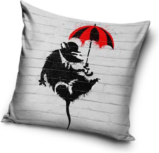 Sierkussenhoes - Banksy - Rat with umbrella - 40x40 cm - Fleece - kunst