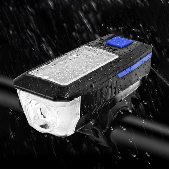 FlinQ Solar Fietsverlichting - Oplaadbare USB Led Fietslamp - Inclusief bel - Waterdicht - 3 Lichtstanden - Zwart/Blauw — afbeelding 4