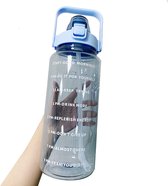 Sportdrinkfles met kliksluiting, 2 liter, lekvrij, BPA-vrije waterfles, (blauw) drinkfles met rietje, 2 liter waterfles met tijdmarkering