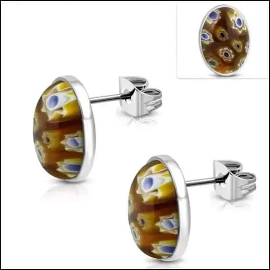 Aramat jewels ® - Bloemen oorbellen zweerknopjes bruin murano glas staal 16mm x 12mm