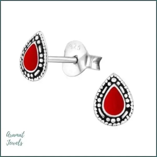 Aramat jewels ® - Zilveren bali oorbellen druppel geoxideerd rood 4mm x 7mm