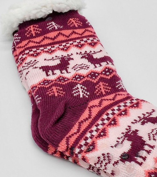 Merino Wollen sokken - Paars met Dennenboom - maat 39/42 - Huissokken - Antislip sokken - Warme sokken – Winter sokken