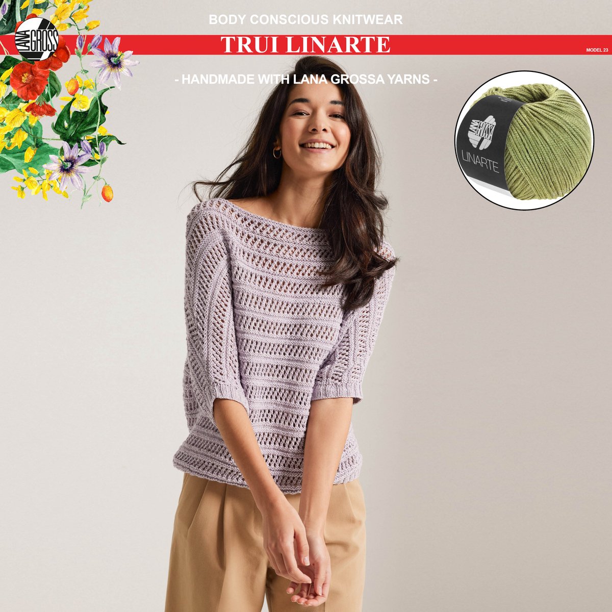 Breipakket trui mt. 36/38 met Linarte garen model 23 van Lana Grossa Classici 24 -kleur olijf