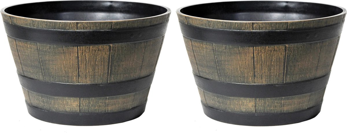 Mega Collections Plantenpot/bloempot - 2x - kunststof - bruin - houtmotief - D44 x H26 cm