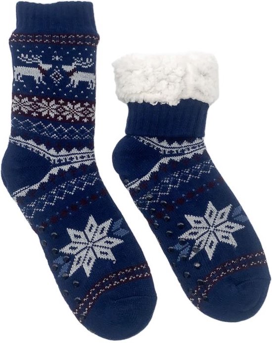Merino Wollen Sokken Heren - Blauw met Rendier - Maat 43/46 - Huissokken - Anti slip sokken - Warme sokken - Winter sokken