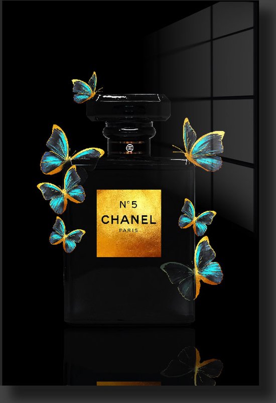 Coco chanel black blue butterfly plexiglas schilderij