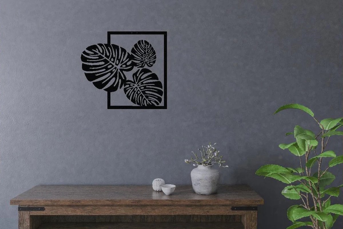 Wanddecoratie industrieel - Metaaldecoratie -Bladeren Decoratie - Uitgesneden bladeren - Zwart - Eyecatcher - Woonkamer