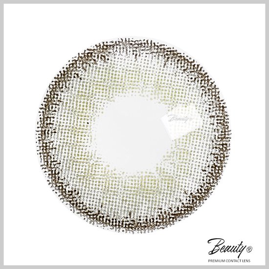 Zilverkleurige contactlens met bruine rand en een roosterpatroon.