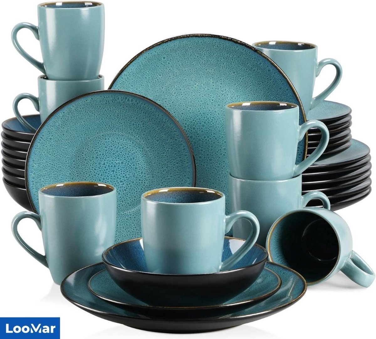 LooMar Serviesset – 32 delig – 8 persoons – Porselein - Luxe – Groen– Bordenset – Dinner platen – Dessertborden - Koffie Mokken - Bubble