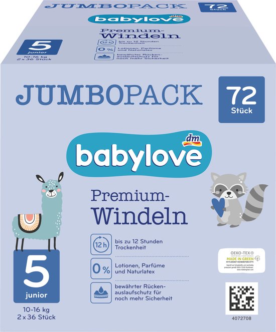 Couche pour bébé babylove taille Premium . 5 Junior (10-16 kg), Boîte  mensuelle, 72 pièces | bol.com