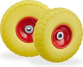 Relaxdays steekwagenwiel - 4.1/3.5-4 - rubber - 2 stuks - bolderkarwiel - antilekband - Geel-rood