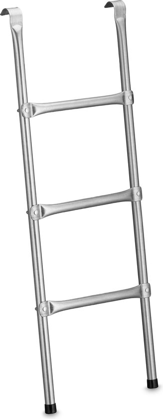 Zilverkleurige ladder met drie treden en gebogen haken voor bevestiging, op witte achtergrond.