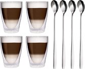 Dubbelwandige latte macchiato-glazen, koffieglas, theeglazen - mokkakopjes , Koffiekopjes , espressokopjes - kopjes - Cappuccino kopjes (4 x 280 ml) + 4 x spoon,