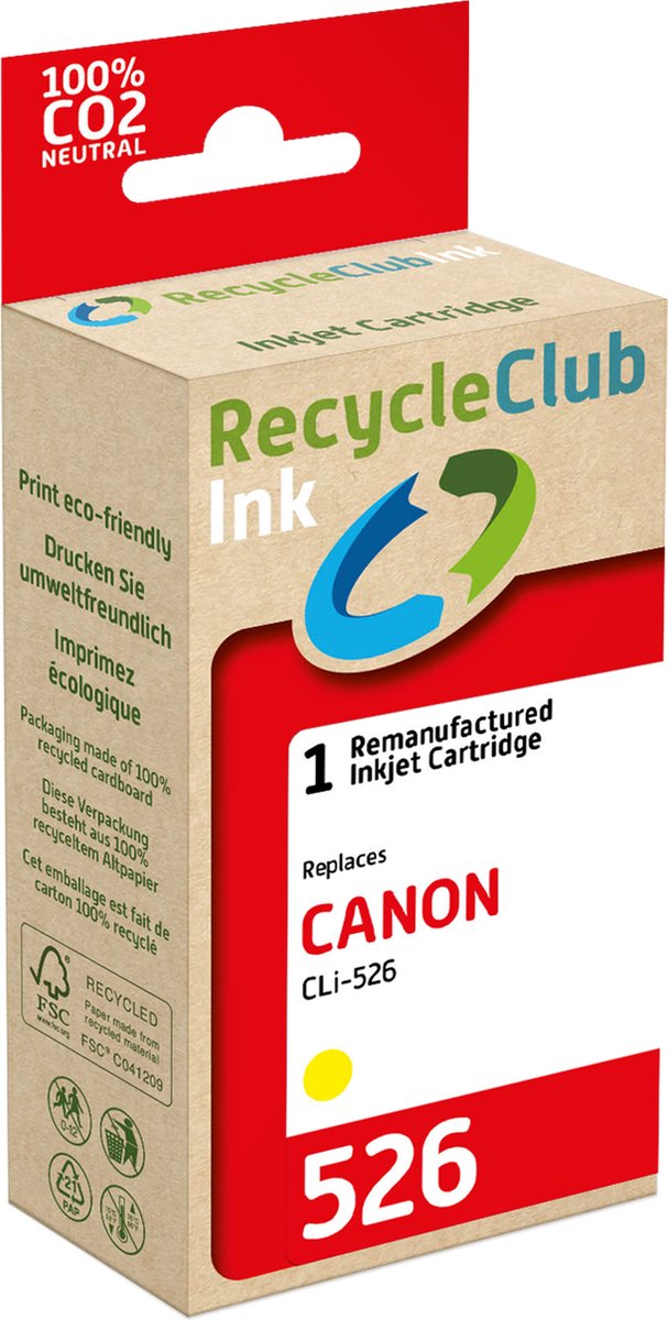 RecycleClub inktcartridge - Inktpatroon - Geschikt voor Canon - Alternatief voor Canon CLi-526 Yellow - Geel 9ml - 610 pagina's