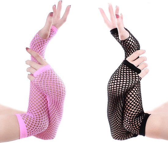 Set Années 80 Néon : 2 Paires Jambières Côtelées + 2 Paires Gants Résille Courts – Rose + Rouge, Costume Fête & Danse