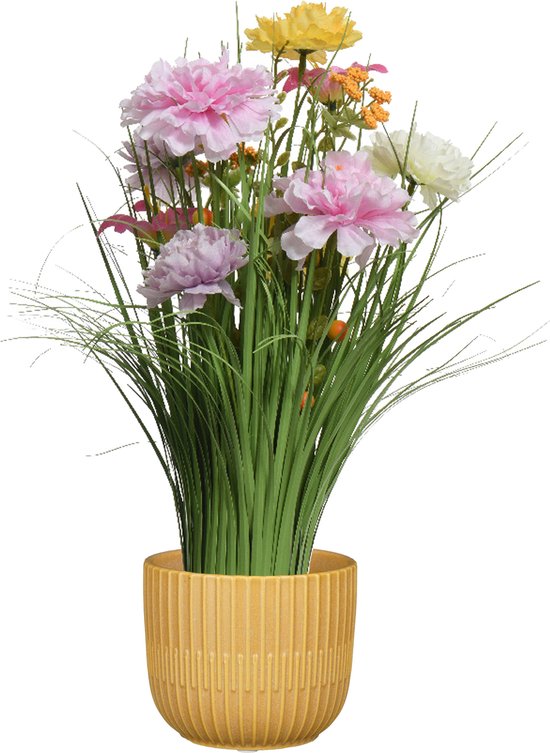 Kunstbloemen boeket lila paars - in pot okergeel - keramiek - H40 cm