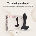 Doos met prostaatmassager, oplaadkabel en handleiding. Zwarte vibrator met STHER logo.