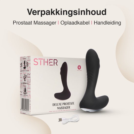 Doos met prostaatmassager, oplaadkabel en handleiding. Zwarte vibrator met STHER logo.