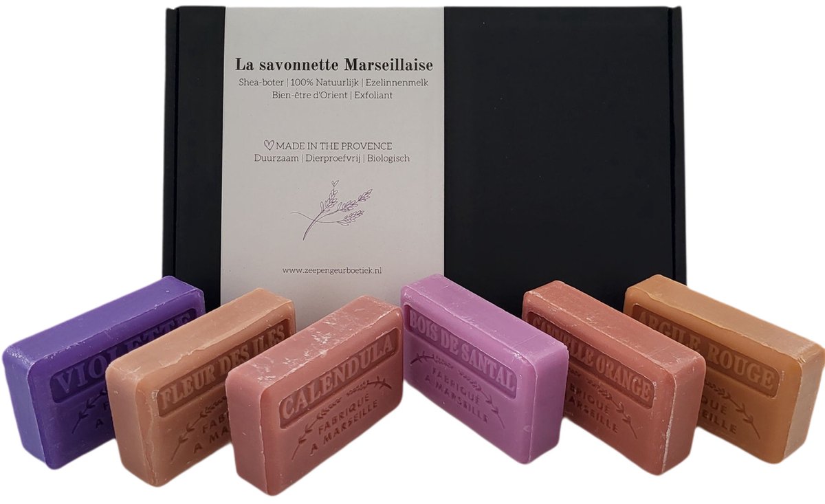 Zeep brievenbuscadeau savon de marseille Violet, Bois de santal, Calendula, Rode klei, Kaneel sinaasappel, Fleur de iles