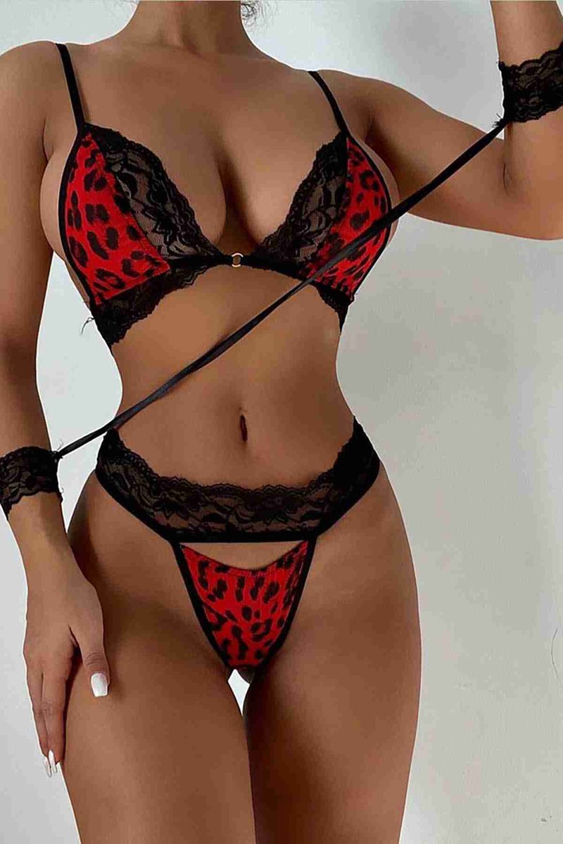 Goedkoopste AMARANTA-3 stuk Lingerie set met handboeien- kanten Lingerie setjes- maat L/XL