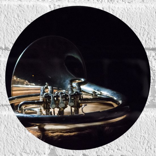 Muursticker Cirkel - Liggend Gouden Blaasinstrument tegen Zwarte Achtergrond - 20x20 cm Foto op Muursticker