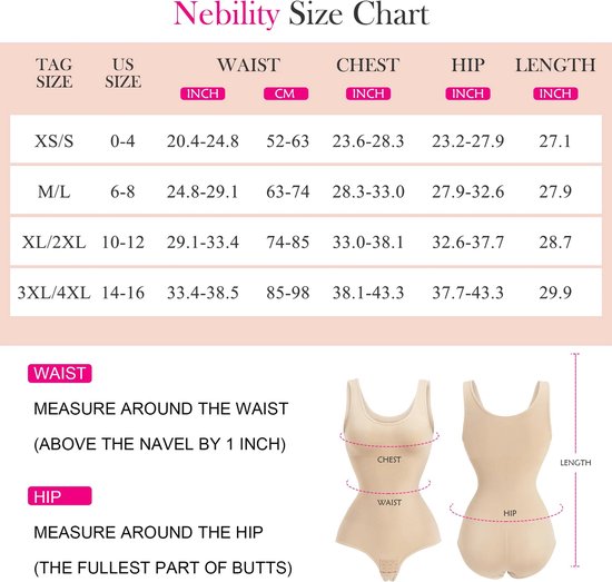 Nebility maattabel voor dames bodysuit, met afmetingen voor taille, borst en heupen.