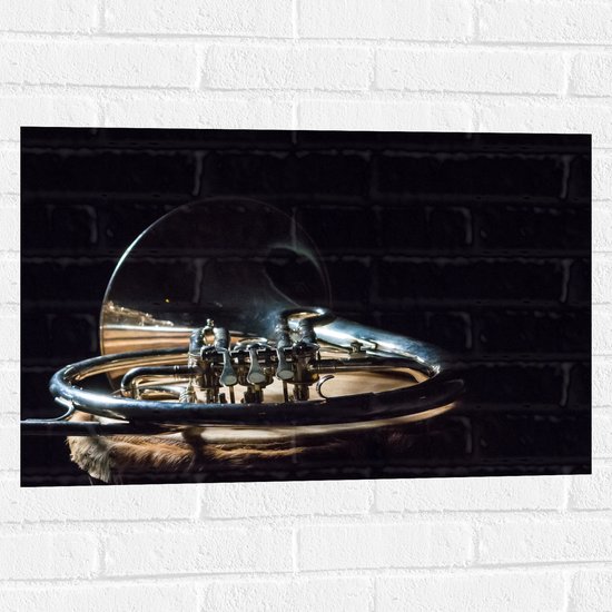 Muursticker - Liggend Gouden Blaasinstrument tegen Zwarte Achtergrond - 75x50 cm Foto op Muursticker