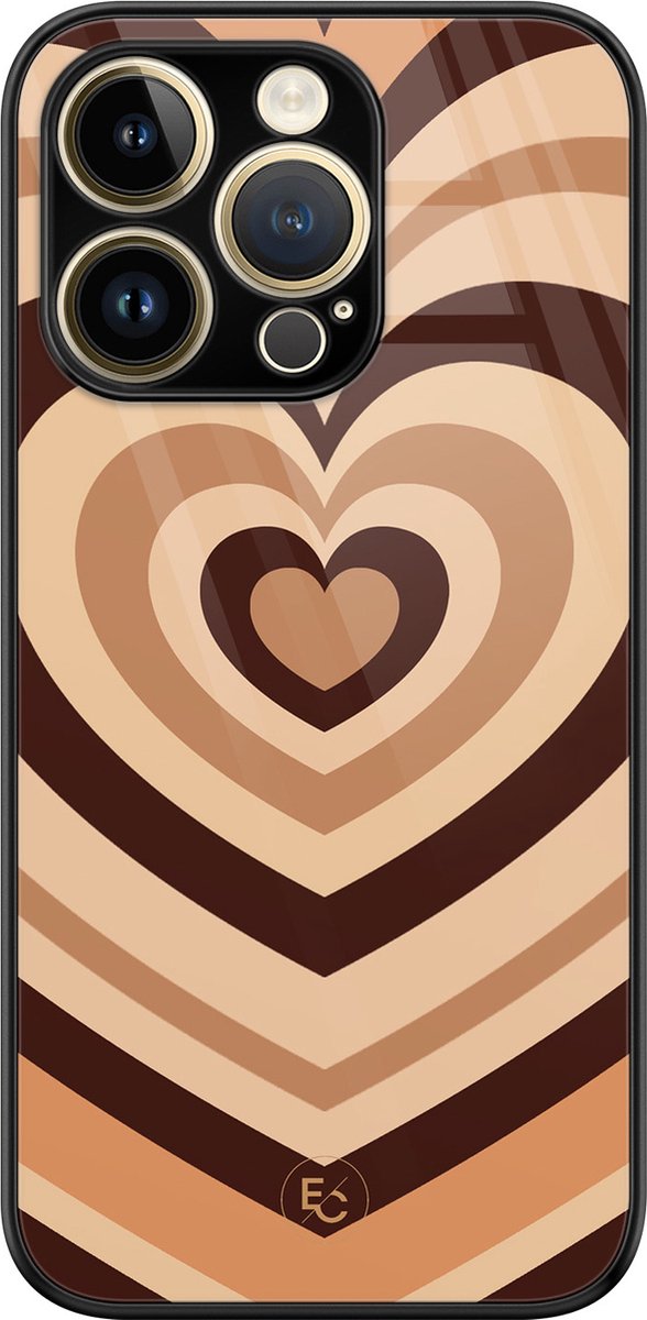 Hoesje geschikt voor iPhone 14 Pro - Hart bruin - Luxe Hard Case - Print - Bruin - ELLECHIQ