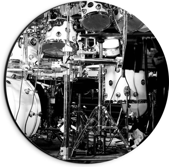 Dibond Muurcirkel - Lichtgekleurd Drumstel (Zwart- wit) - 20x20 cm Foto op Aluminium Muurcirkel (met ophangsysteem)
