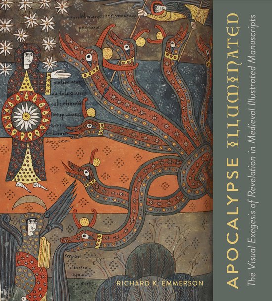 Middeleeuwse manuscriptillustratie van een veelkoppige draak met rode en oranje schubben, gouden ringen en oren. Links figuren in geel, rood en bruin, met patronen.