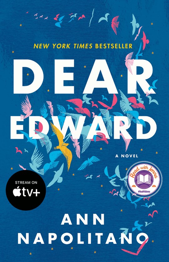 Couverture du livre "Dear Edward", un best-seller du New York Times, avec des lettres blanches sur fond bleu et de nombreux oiseaux colorés.