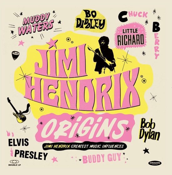 Albumhoes 'Jimi Hendrix Origins', met gele en roze typografie en illustraties van Jimi Hendrix en gitaren.