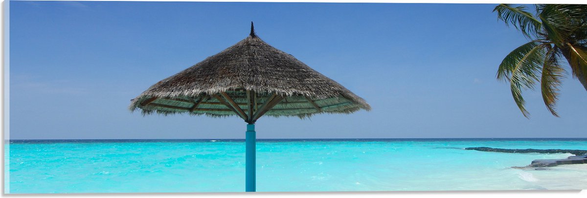 Acrylglas - Rieten Parasol op het Strand bij het Blauwe Water - 60x20 cm Foto op Acrylglas (Wanddecoratie op Acrylaat)