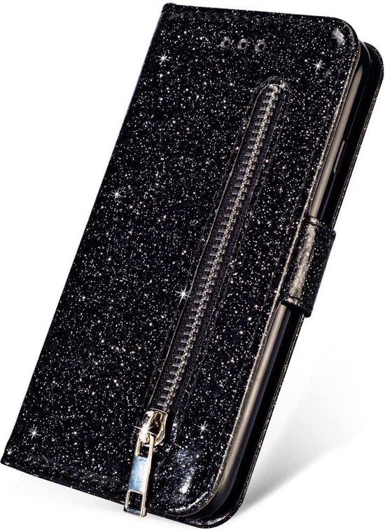 Etui Bookcase à Glitter Convient pour : Oppo A77 avec fermeture éclair - étui - étui portefeuille - Zwart - ZT Accessoires