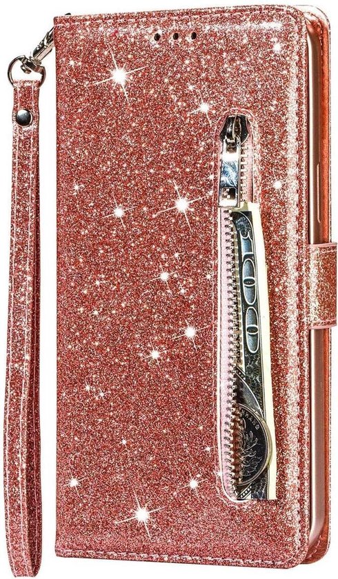 Etui Bookcase à Glitter Convient pour : Oppo A77 avec fermeture éclair - étui - étui portefeuille - Or rose - ZT Accessoires