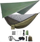 Camping hangmatset, enkele dubbele hangmat, muggennet, insectennet, regenvliegen, zeer sterke parachutestof hangbed. Geschikt voor outdoor, wandelen, kamperen, reizen, groen