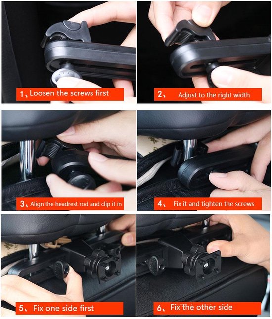 Instructions pour monter le support de tablette sur l'appuie-tête d'un siège de voiture.
