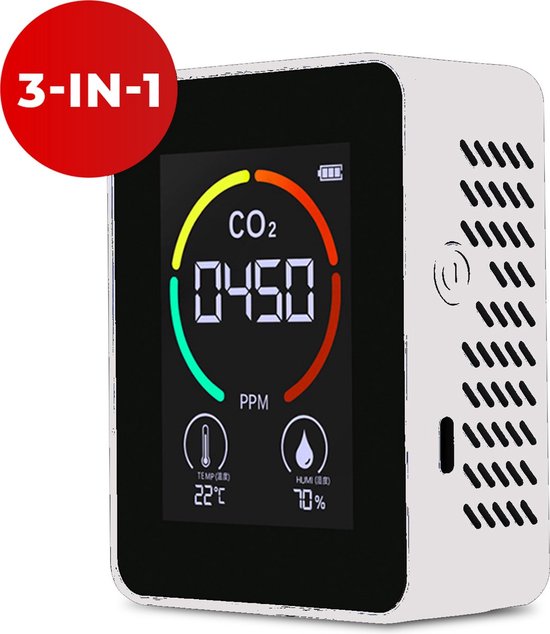 SolHouse 3 in 1 CO2 Meter - CO2 meter - Luchtkwaliteitsmeter - CO2 meter binnen - Thermometer - Hygrometer - Draagbaar en Oplaadbaar - Incl. CO2 Alarm en USB-kabel