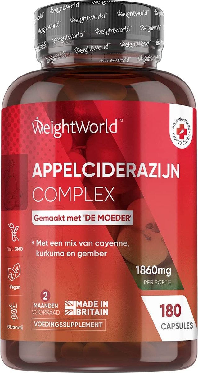 WeightWorld Appel Cider Azijn Complex - 1860 mg Apple Cider Vinegar met superfoods - 180 vegan capsules - Weight World